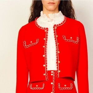 Sandro NWT Red Cardigan with White Accents